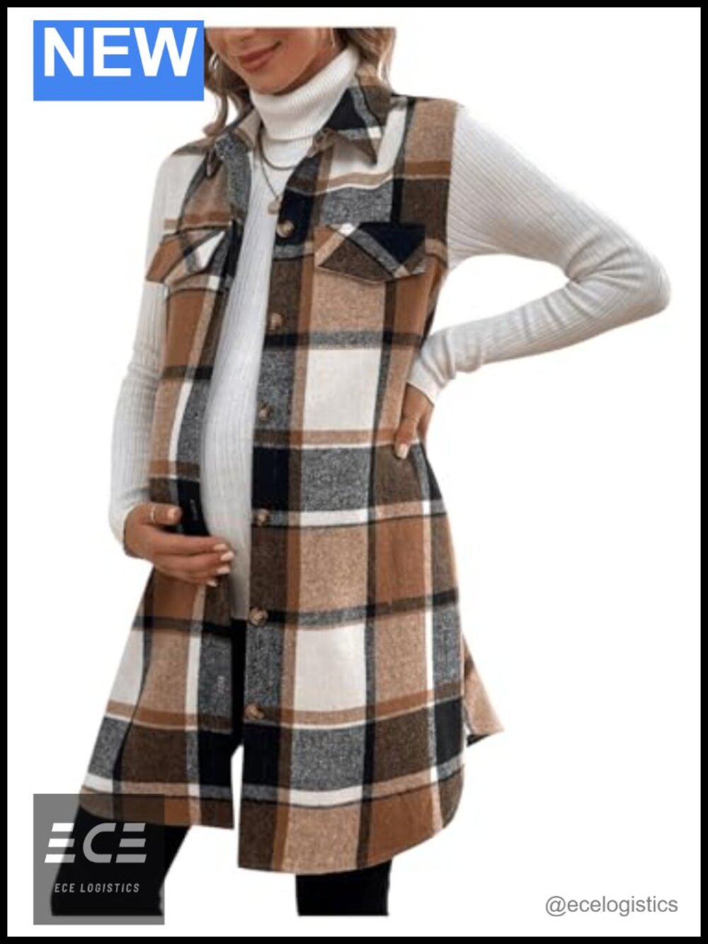 Women's Maternity Plaid Flannel Vest Collared Sleeveless Coat